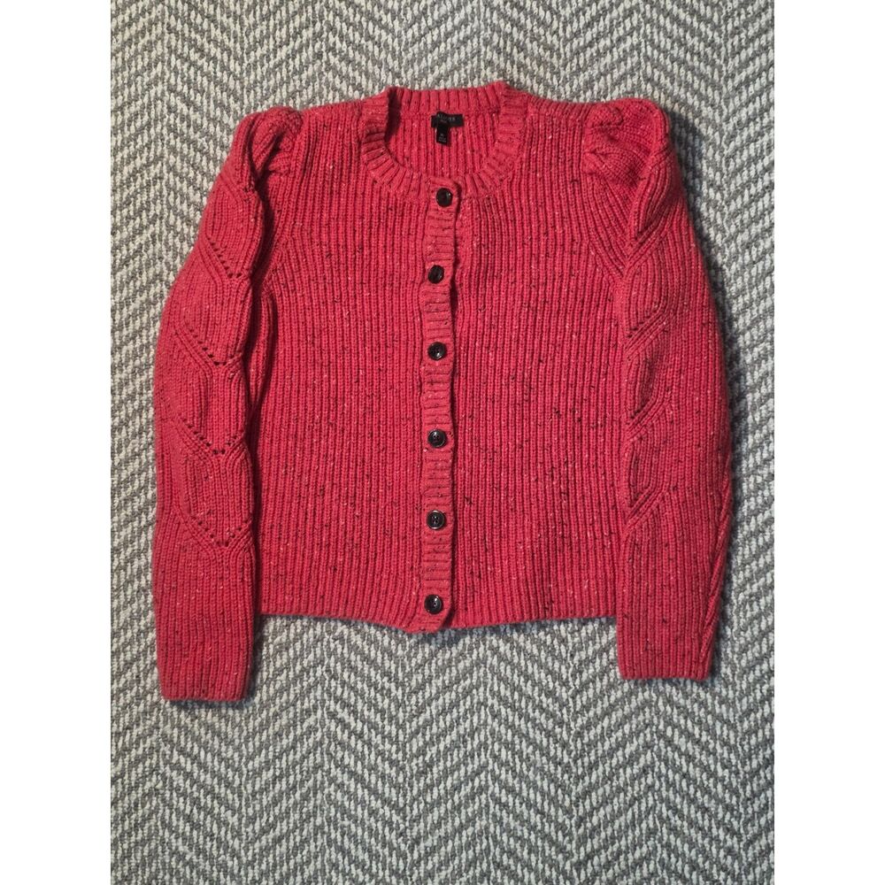 Talbots Petite Coral Pink Red Flecked Ribbed Puff Sleeve Cardigan Sweater MP